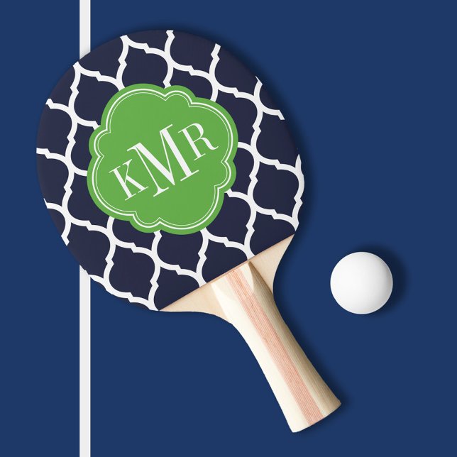 Raquette De Ping Pong Monogramme de Quatrefoil bleu marine et vert maroc (Créateur téléchargé)