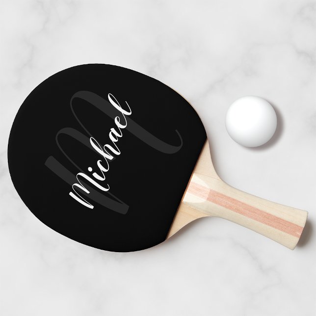 Raquette De Ping Pong Monogramme de script personnalisé et nom noir (Créateur téléchargé)