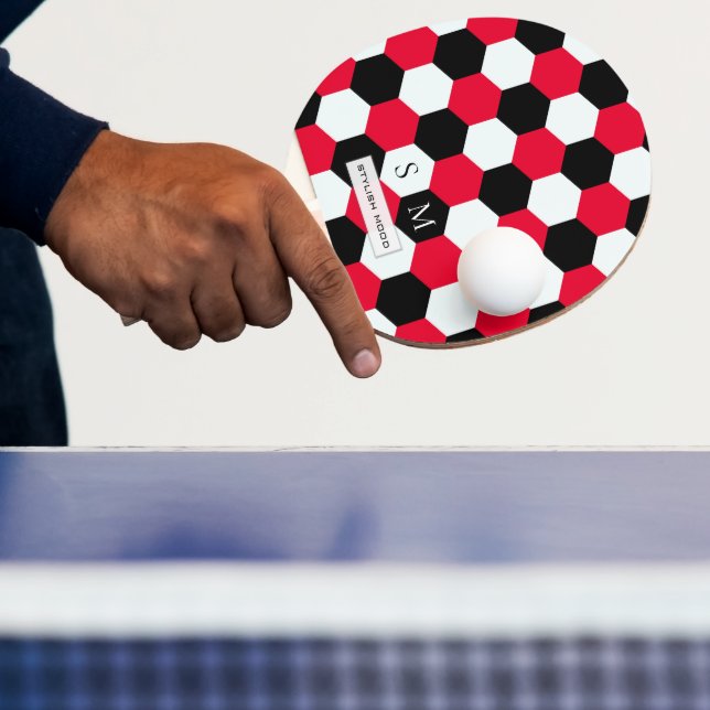 Raquette De Ping Pong Monogramme d'hexagones rouges, noirs et blancs (Insitu)