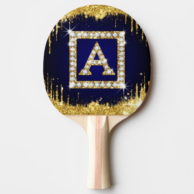 Raquette De Ping Pong Monogramme doré initial A avec paillettes bleues (Devant)