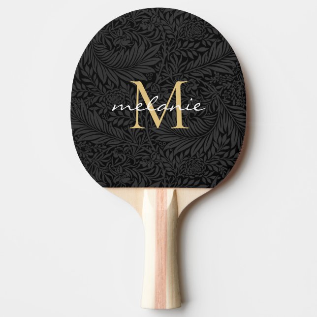 Raquette De Ping Pong Monogramme élégant noir floral or script (Devant)