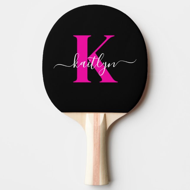 Raquette De Ping Pong Monogramme élégant noir rose vif écriture (Devant)