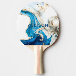 Raquette De Ping Pong Monogramme en marbre bleu blanc Abstrait