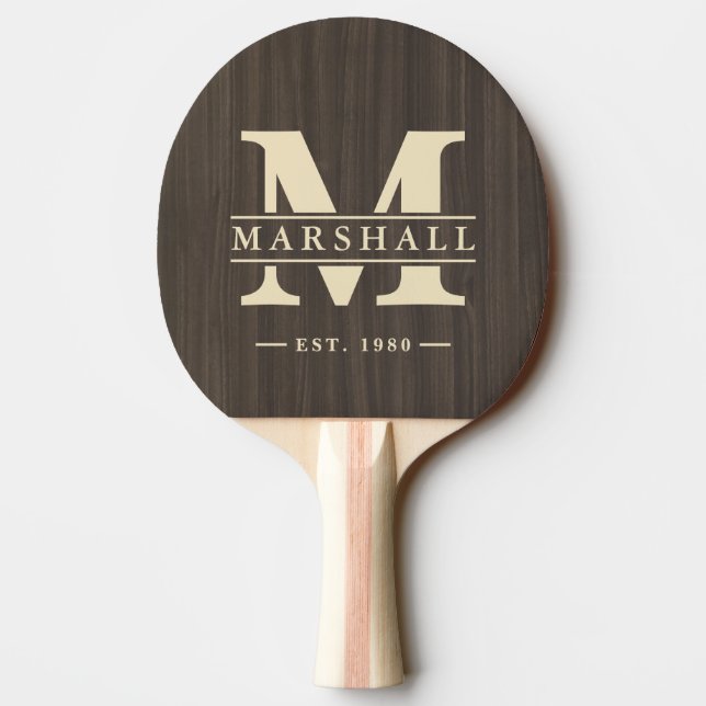 Raquette De Ping Pong Monogramme et nom en bois sombre moderne superposé (Dos)