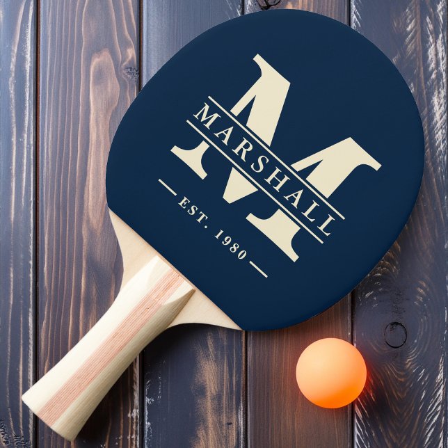 Raquette De Ping Pong Monogramme et nom en superposition bleu mer profon (Créateur téléchargé)