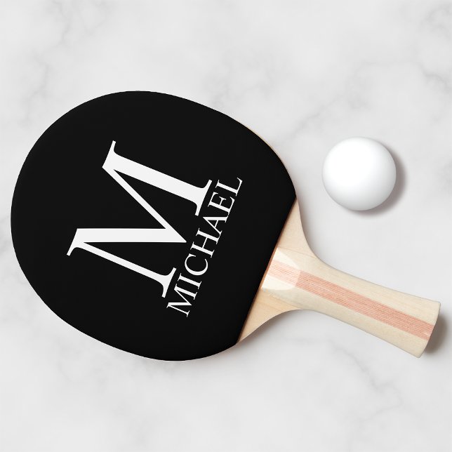 Raquette De Ping Pong Monogramme et nom personnalisés en noir (Créateur téléchargé)