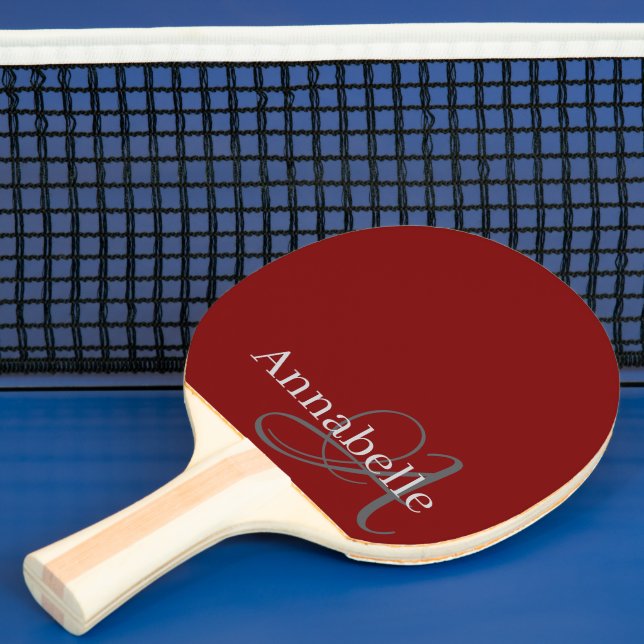 Raquette De Ping Pong Monogramme et nom rouge simple et élégant (Insitu)
