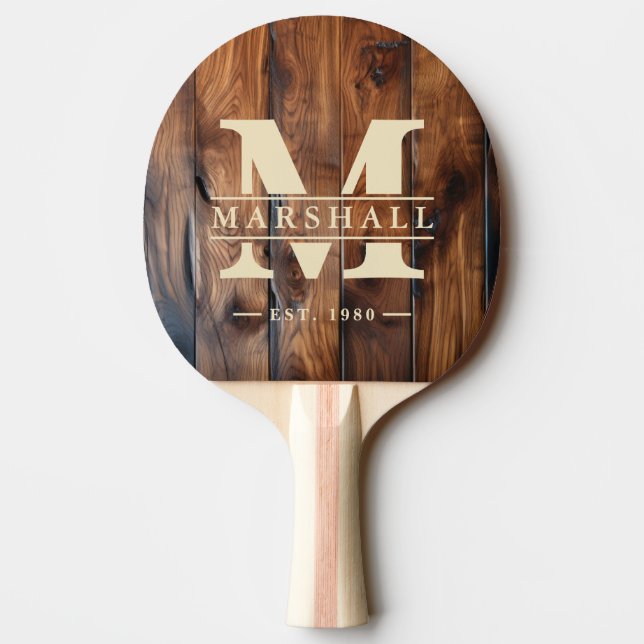 Raquette De Ping Pong Monogramme et nom superposés en bois foncé teinté  (Dos)