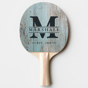 Raquette De Ping Pong Monogramme et nom superposés en bois peint bleu