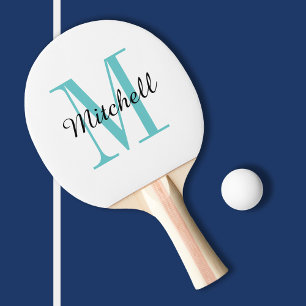 Raquette De Ping Pong Monogramme et nom Turquoise Personnalisé