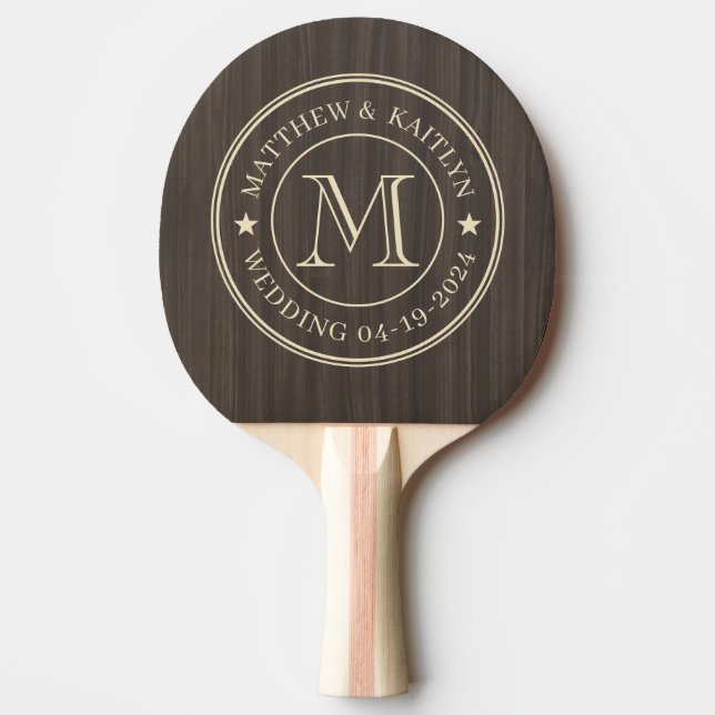 Raquette De Ping Pong Monogramme étoile bois sombre moderne mariage (Devant)
