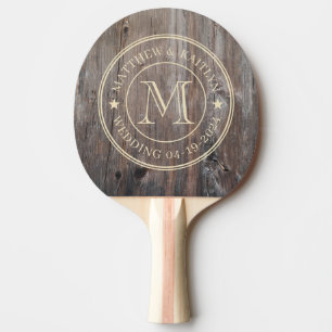 Raquette De Ping Pong Monogramme étoilé de mariage en planches usées