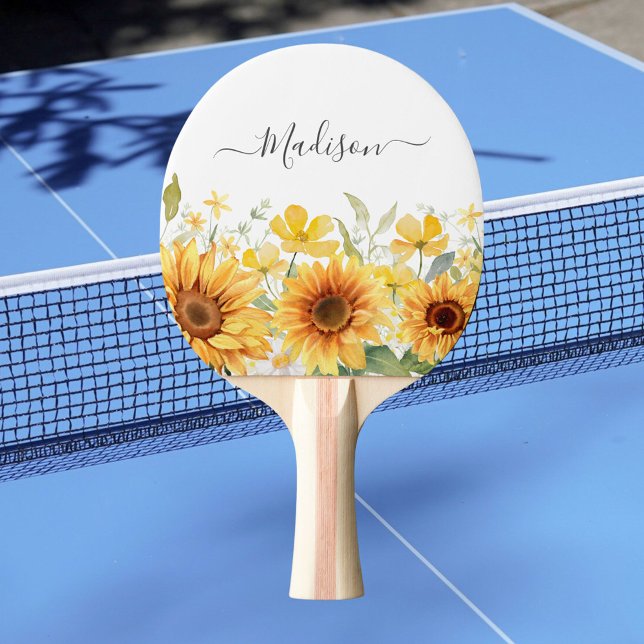 Raquette De Ping Pong Monogramme Fleur Jaune Tournesol Floral Botanique (In situ)