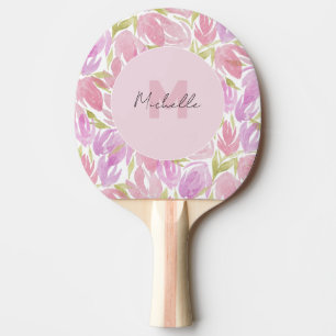 Raquette De Ping Pong Monogramme floral aquarelle rose fuchsia violet