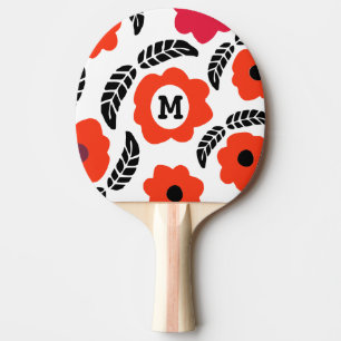 Raquette De Ping Pong Monogramme floral orange et rouge moderne