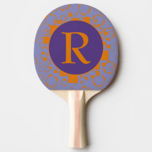 Raquette De Ping Pong Monogramme initial Orange pourpre cercles Carrés