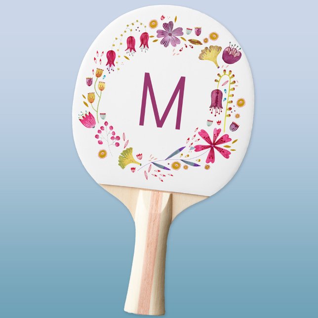 Raquette De Ping Pong Monogramme Moderne Aquarelle Florale (Floral watercolor monogram initial personalized ping pong paddle)