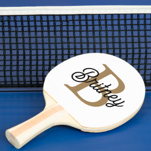 Raquette De Ping Pong Monogramme moderne élégant Nom Black Gold Script