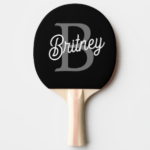 Raquette De Ping Pong Monogramme moderne élégant Nom noir Gris noir Scri