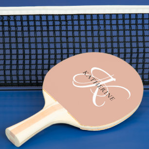 Raquette De Ping Pong Monogramme moderne élégant Script rose pâle