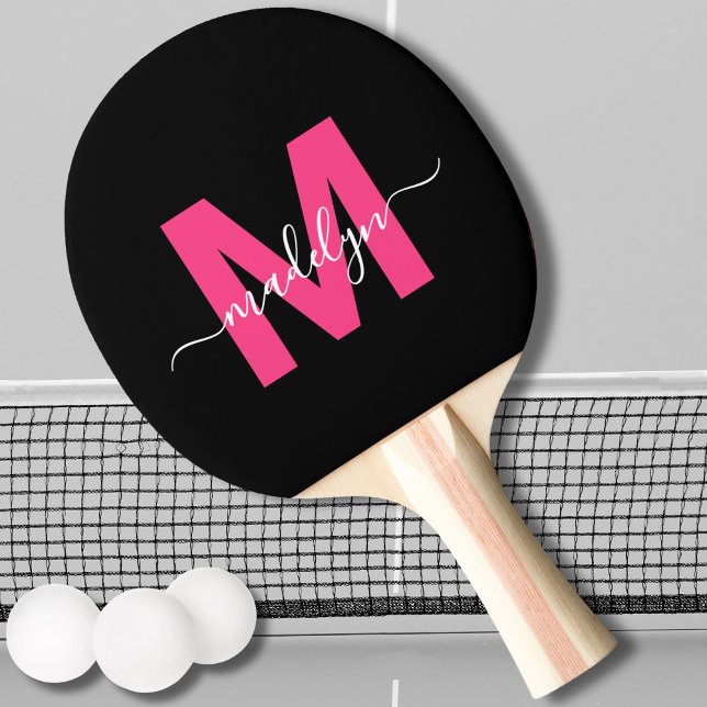 Raquette De Ping Pong Monogramme Moderne Rose Nom (Pink Modern Script Name Monogram Ping Pong Paddle)