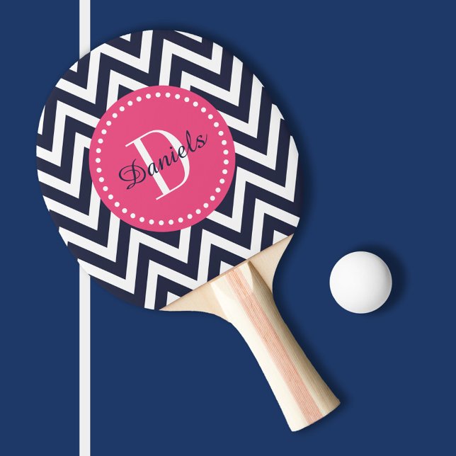 Raquette De Ping Pong Monogramme Navy et Pink Chevron (Créateur téléchargé)