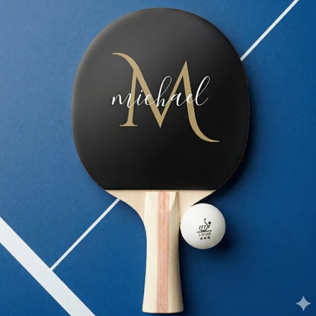 Raquette De Ping Pong Monogramme noir et or Luxe Élégant  (Créateur téléchargé)