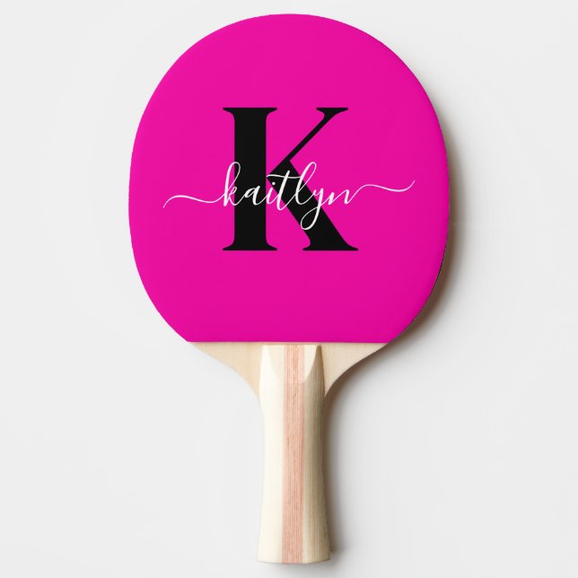 Raquette De Ping Pong Monogramme noir rose chaud moderne (Devant)