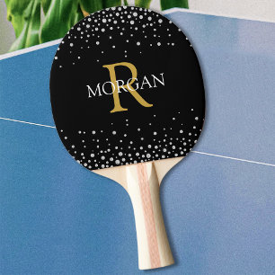 Raquette De Ping Pong Monogramme & Nom DIY Or & Blanc, Diamants, Noir