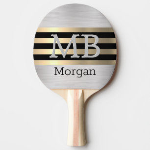 Raquette De Ping Pong Monogramme/Nom DIY, rayures Bk/Or, Argent brossé