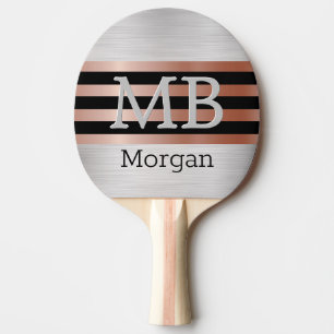 Raquette De Ping Pong Monogramme & nom DIY, rayures Bk/Rose Gold, Argent