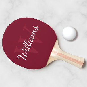 Raquette De Ping Pong Monogramme personnalisé et nom Rouge bordeaux
