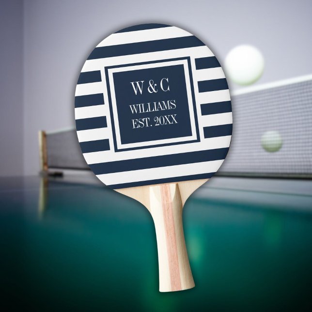 Raquette De Ping Pong Monogramme personnalisé Marine Bleu Bleu Blancs (Personalized Monogram Navy Blue White Stripe Ping Pong Paddle)