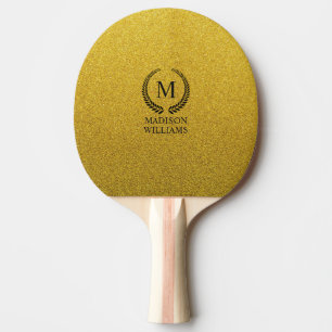 Raquette De Ping Pong Monogramme personnalisé noir et or paillettes doré