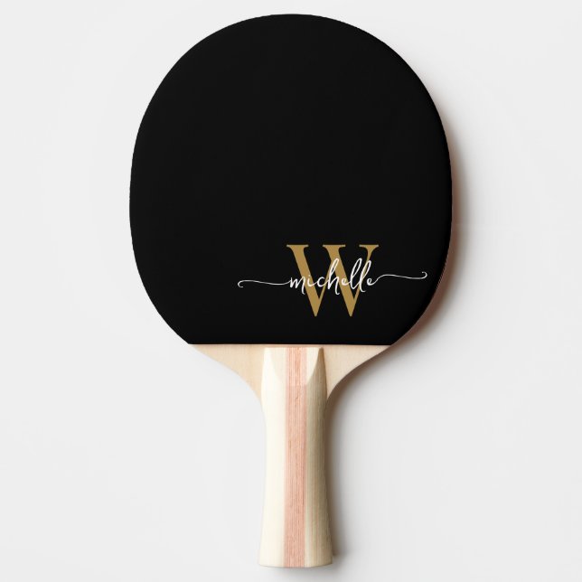 Raquette De Ping Pong Monogramme personnalisé Noir moderne Nom Script (Devant)