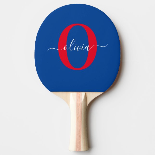 Raquette De Ping Pong Monogramme personnalisé Nom du script Bleu Blanc R (Devant)