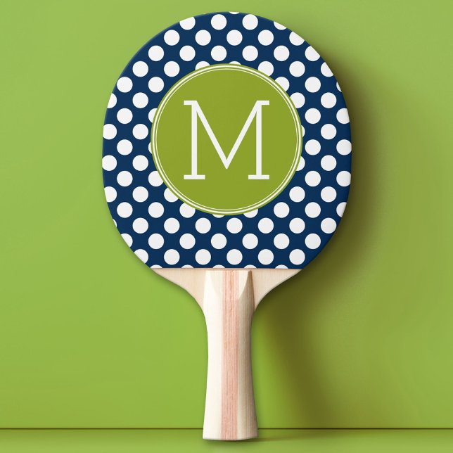 Raquette De Ping Pong Monogramme personnalisé Pois bleu marine et vert c (Custom Pin Pong Paddle with Photo Collage)