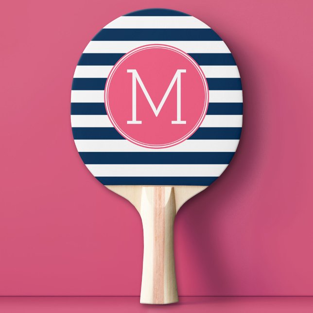 Raquette De Ping Pong Monogramme rose chaud Motif rayé blanc et marine (Custom Monogram Ping Pong Paddle)