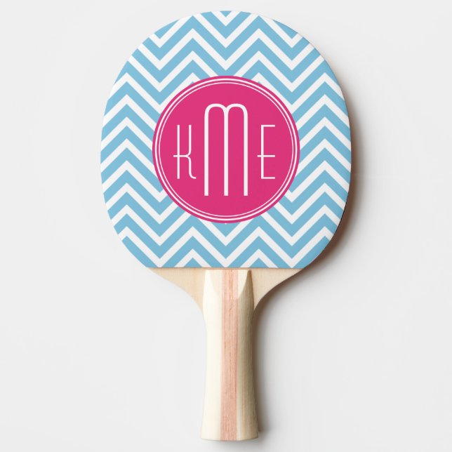 Raquette De Ping Pong Monogramme rose magenta avec Chevron bleu-clair (Devant)