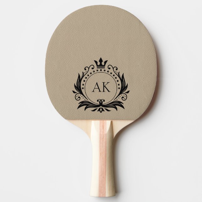 Raquette De Ping Pong Monogramme simple en cuir beige Couronne noire (Devant)