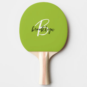 Raquette De Ping Pong Monogramme tendance vert citron noir blanc Script