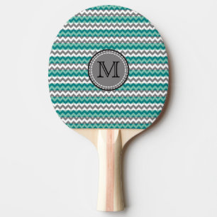 Raquette De Ping Pong Monogramme Turquoise et Grey Chevron Zigzag