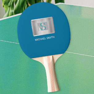 Raquette De Ping Pong Monogramme turquoise et gris, Nom blanc, Argent, B