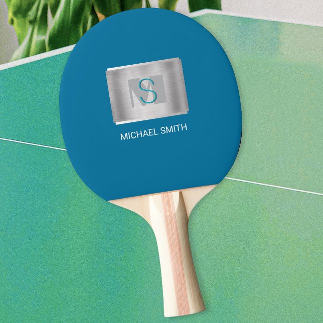 Raquette De Ping Pong Monogramme turquoise et gris, Nom blanc, Argent, B (Créateur téléchargé)