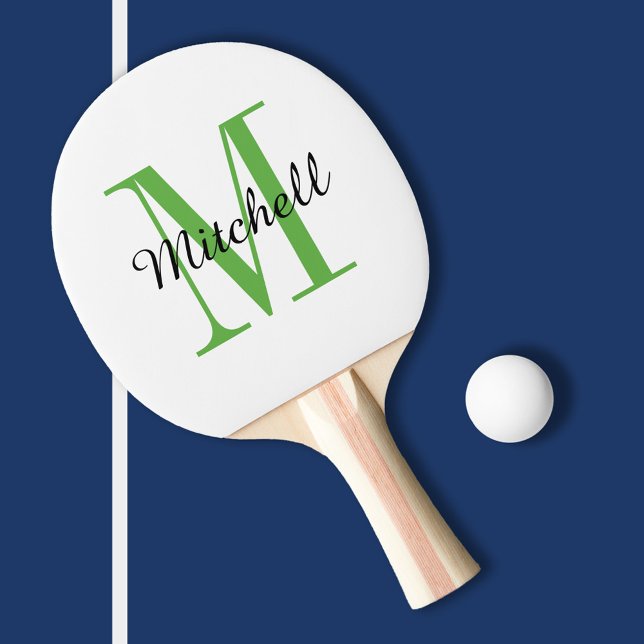 Raquette De Ping Pong Monogramme vert et nom personnalisé (Créateur téléchargé)