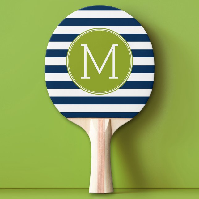 Raquette De Ping Pong Monogramme vert Motif rayé blanc et marine (Custom Monogram Ping Pong Paddle)