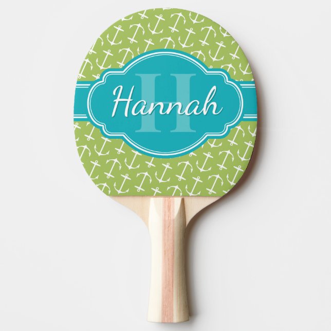 Raquette De Ping Pong Motif d'Ancre blanc vert Turquoise Monogramme (Devant)