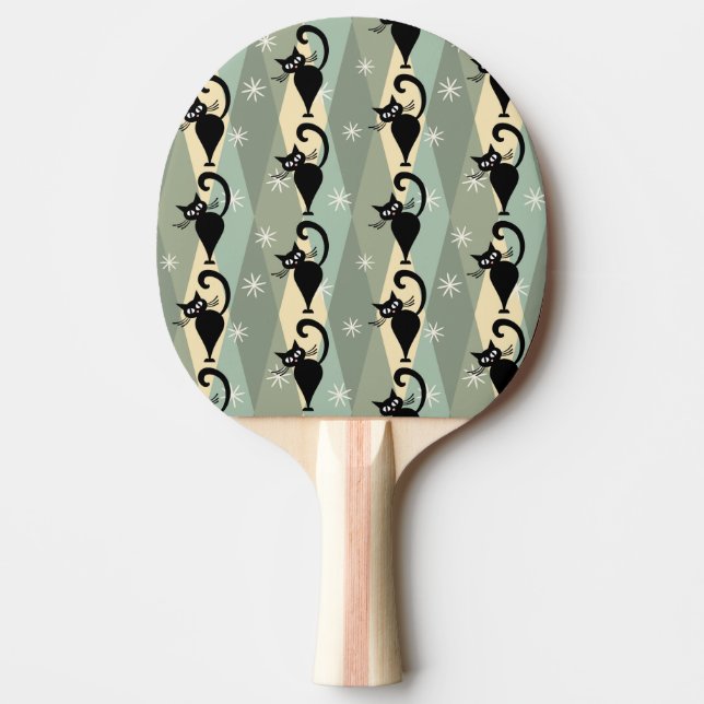 Raquette De Ping Pong Motif de chat noir du milieu du siècle (Devant)