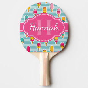 Raquette De Ping Pong Motif de glace coloré avec Monogramme rose