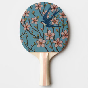Raquette De Ping Pong Motif de l'hirondelle florale rétro bleu par Walte